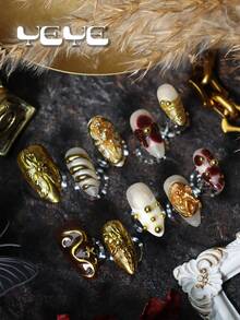 10pcs Fake Nails Press On Almond French Tip,White Fingertip,Nude,Natural Looking,Gold Bean, 3D Three-Dimensional Decoration Flower,Element,Angel,Vanity Full Coverage Fake Nails Press On Handmade,Nail Supplies Art Suitable For Women And Girls, Suitable For Party, Wedding, Daily Wear, Includes Tool Kit, Great Gift For Women & Girls Nail Supplies Nails Handmade Press On Nails - Gold - View 4