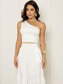 Women's Three-Maria Set: Long Skirt, Cropped Top, Sleeveless, Asymmetrical, Casual, Elegant, White. - 白色 - 查看 6