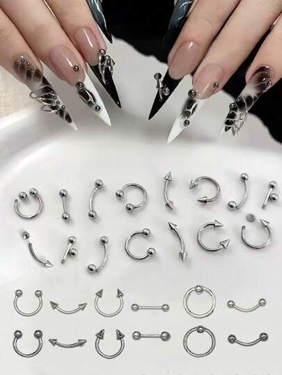 5pcs/10pcs/30pcs Punk Style Rivet Nail ArtCharms, Metal Studs, Hoop Rings &Arrowhead Rivets For Y2K Baddie Nails,Piercing-Style DIY Nail Decorations,Alternative Fashion Nail Accessories