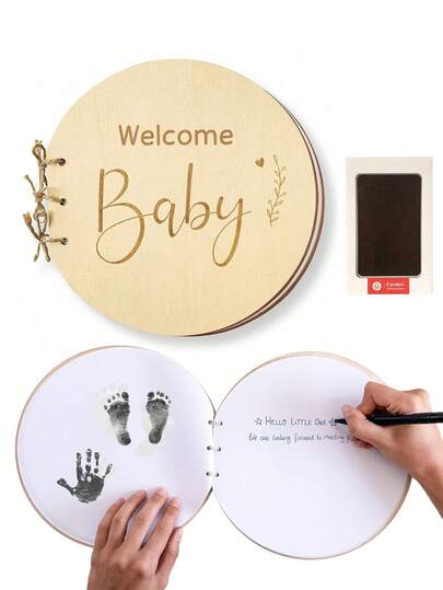 2pcs - Wooden Baby Bath Sign-In Book (Neutral Design), Baby Growth Milestone Bath Signature Book With Footprint Ink Pad - Retro Signature Collection, Thoughtful Gift For New Parents And Expectant Mothers
