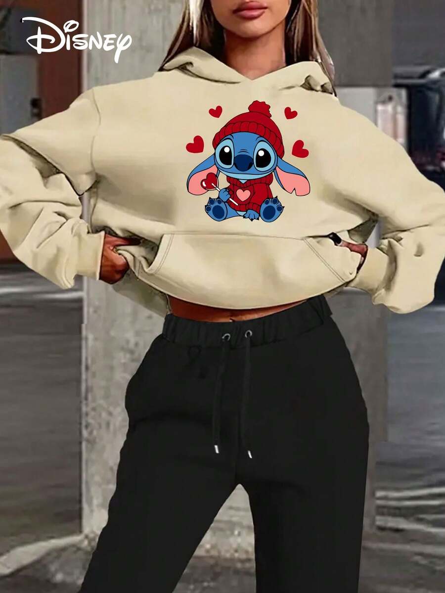 Disney Authorized, Loose Hooded Long Sleeved Top For Women, No Drawstring Hooded Sweatshirt Top, Hoodie, Stitch Cartoon Print - 杏色 - 查看 1