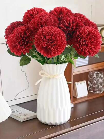 4pcs Artificial Red & Burgundy Chrysanthemum Flowers, Suitable For Spring Decor On Desktops, Bedrooms, Offices, Wedding Accessories, Silk Floral Decorations, Ideal Gifts For Valentine's Day & Mother's Day, Applicable For Centerpieces, Festivals, Gardens, Living Room Home Decor