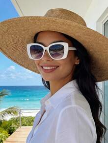 Gafas de moda elegantes y casuales con montura de ojo de gato, grandes, de plástico blanco decorativo para uso diario de mujeres - Blanco - Ver 1