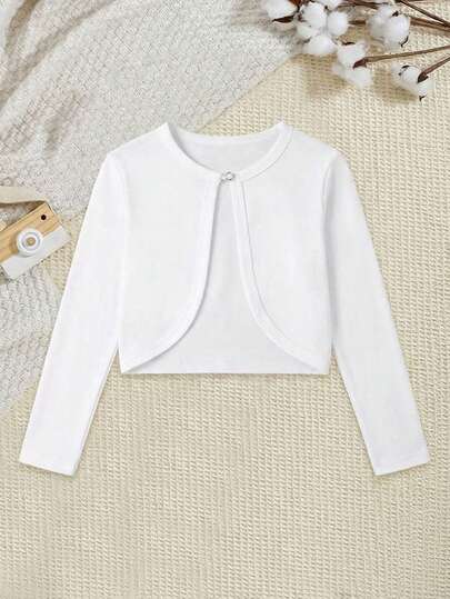 Girls White Long Sleeve Bolero Shrug With Pearl Button Closure Dress Cover Up For Flower Girl Wedding Pageant Party Formal Occasion