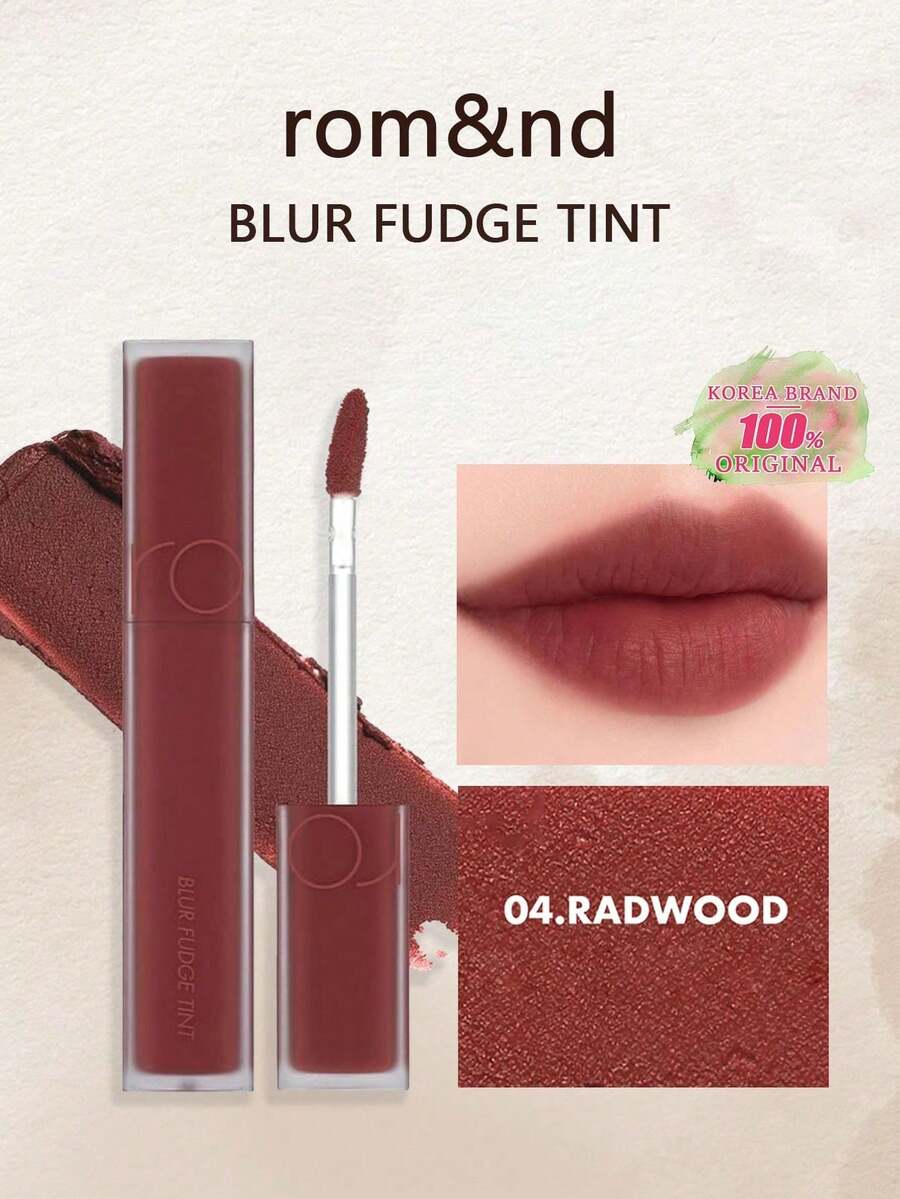 BLUR FUDGE TINT 04 RADWOOD 0.17盎司，Romand液体唇膏，唇釉，哑光唇彩，奶油质地，易于涂抹，持久显色，不拔干，丝绒哑光，轻松打造渐变效果，韩式彩妆，礼盒装，5.0克/0.18盎司