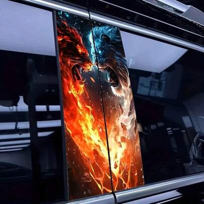 2 Packs Lion King Column Decals | Flame Red-Orange Vs Ice Blue Snow Lion Design With Dramatic Dark Background And Sparks, Self-Adhesive Vinyl, Waterproof , Suitable For Most Car Models