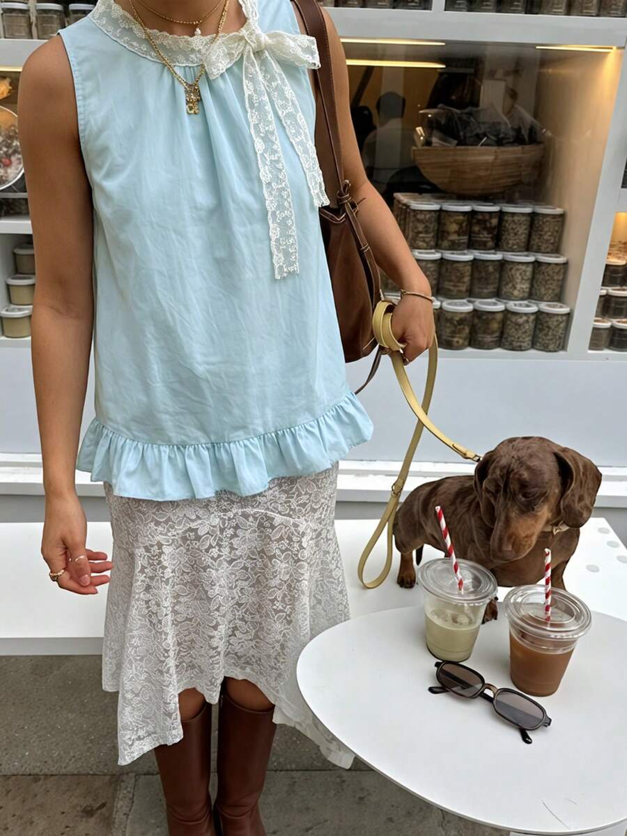 Áo kiểu không tay ren thắt nơ kiểu Pháp lãng mạn, thời trang mới mùa Xuân/Hè 2026 với viền bèo nhún, màu xanh dương dành cho nữ, mùa hè, thời trang nữ mùa hè, mùa xuân, kỳ nghỉ xuân, ngày lễ tình nhân, ngày lễ tình nhân dành cho nữ, kỳ nghỉ hè, phong cách Y2K dành cho nữ, phong cách đường phố dành cho nữ, lễ hội, lễ hội dành cho nữ năm 2026, bãi biển, đồ đi biển dành cho nữ, đám cưới, sinh nhật dành cho nữ, áo khoác ngoài, áo khoác ngoài dành cho nữ, áo kiểu thanh lịch dành cho nữ, Y2K, phong cách Thiên niên kỷ, phong cách Thiên niên kỷ dành cho nữ thường ngày