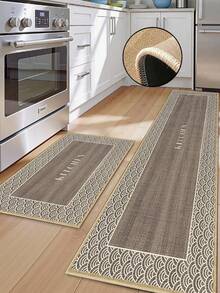 1pc Soft Rubber Linen Kitchen Mat, 3.5mm Thick Kitchen Rug, Main Body Blends Wood Grain Texture And Classic Chinese Water Wave Border, Prominent "KITCHEN" Text In Center - Multicolor - View 8