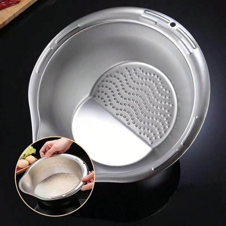 不锈钢加厚斜底淘米盆，蔬菜清洗滤篮，厨房漏勺，学习用品，圣诞礼物