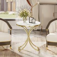 LITTLE TREE Round End Table With Gold Metal Legs,23.6-Inch Modern Faux Marble Side Table, Small Nightstand,Small Coffee Table For Living Room Bedroom Small Space, White Gold - 白色和金色 - 查看 10