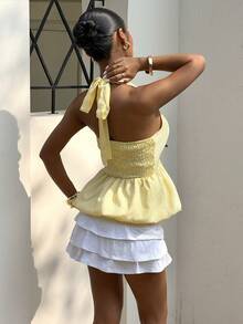 阳光少女风夏季女士Y2K性感纯粹欲望风格露背无袖吊带背心，飘逸荷叶边下摆，适合街头、通勤和海滩度假 - 黃色 - 查看 2