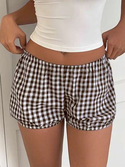 Quần short nữ kẻ caro dáng suông, cạp thấp, phong cách tối giản, kiểu bohemian cho mùa hè, đi biển, nghỉ lễ, tiệc tùng, hoạt động ngoài trời.