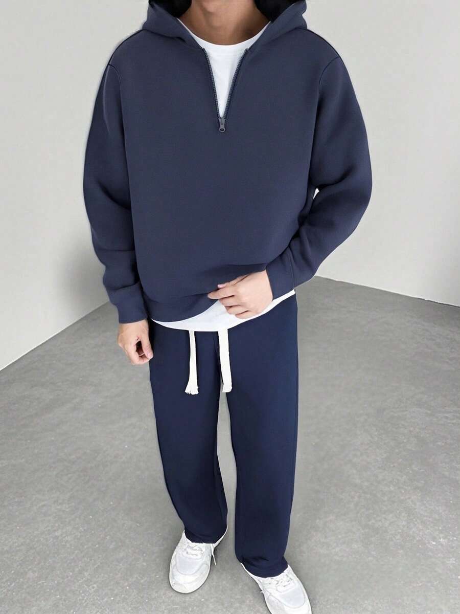 2件套男士休闲运动连帽运动服套装，秋冬 - 藏蓝色 - 查看 1