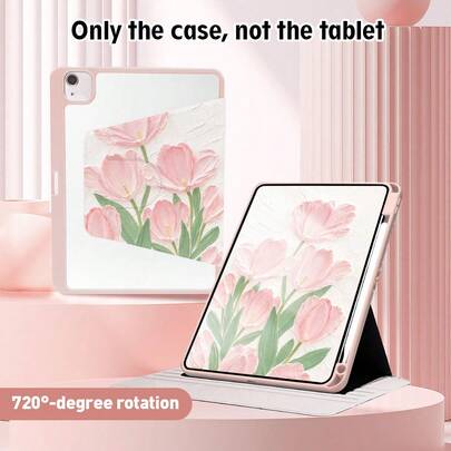 1个粉色花卉图案翻盖平板电脑保护套，带笔槽、720度旋转支架、PU皮革材质，具备自动休眠/唤醒功能，兼容华为、荣耀、苹果等平板电脑品牌，适合返校季、情人节等场合。