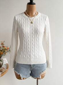 PUMPKIN Women's Autumn/Winter Crew Neck Fitted Cable Knit Sweater - Suitable For Commuting, Casual, Sweet, College Style, Valentine's Day Party And Other Occasions - White - View 1