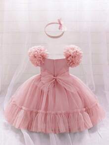 1件女婴荷叶边薄纱蝴蝶结可爱一周岁生日派对连衣裙，适合花童婚礼庆典，附赠发带 - 藕粉色 - 查看 2
