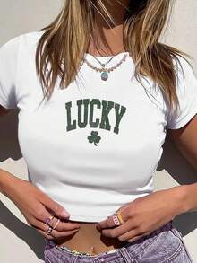 1pc Retro Lucky Shamrock St Patrick Graphic Print Women's Fashion Short Sleeve T-Shirt,Y2K Top Crop,Camisetas De Fiesta,Back To School,Vintage,Street Wear, Rock, Holiday, Vacation, Festival, Summer Tops - White - View 3