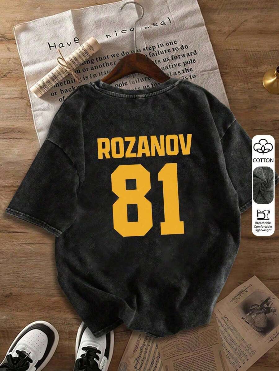 Shane Holland Vs. Ilya Rozanov Vintage Washed Women Casual Loose Cartoon Print Short Sleeve T-Shirt, Suitable For All Seasons Black Summer - Black - View 1