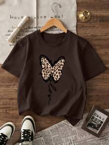 Girls' Leopard Print & Butterfly Pattern Short Sleeve T-Shirt, Casual & Fashionable Style, Soft & Machine Washable - Brown - View 3