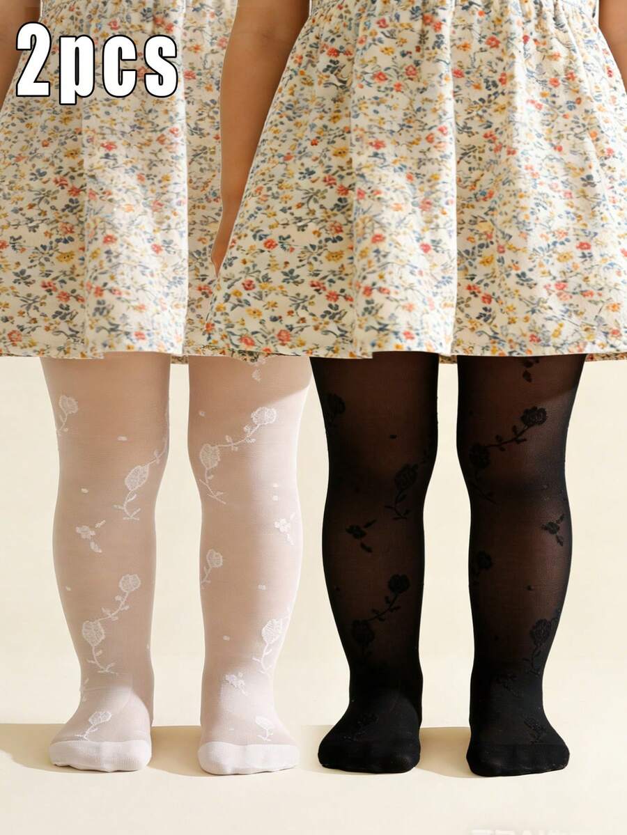 2pcs Baby Girls' Sweet Floral Pattern Anti-Mosquito Lightweight Breathable Tights, Comfortable Soft For Daily Wear - Multicolor - View 1