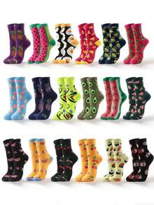 Random 3/5/8/10/15/20 Pairs Fruit Pattern Mid-Calf Socks, Colorful Personalized Socks, Suitable For All Seasons, And Versatile - Multicolor - View 1