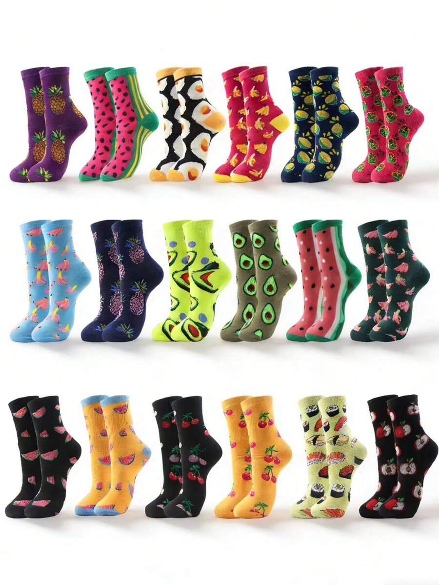 Random 3/5/8/10/15/20 Pairs Fruit Pattern Mid-Calf Socks, Colorful Personalized Socks, Suitable For All Seasons, And Versatile - Multicolor - View 1