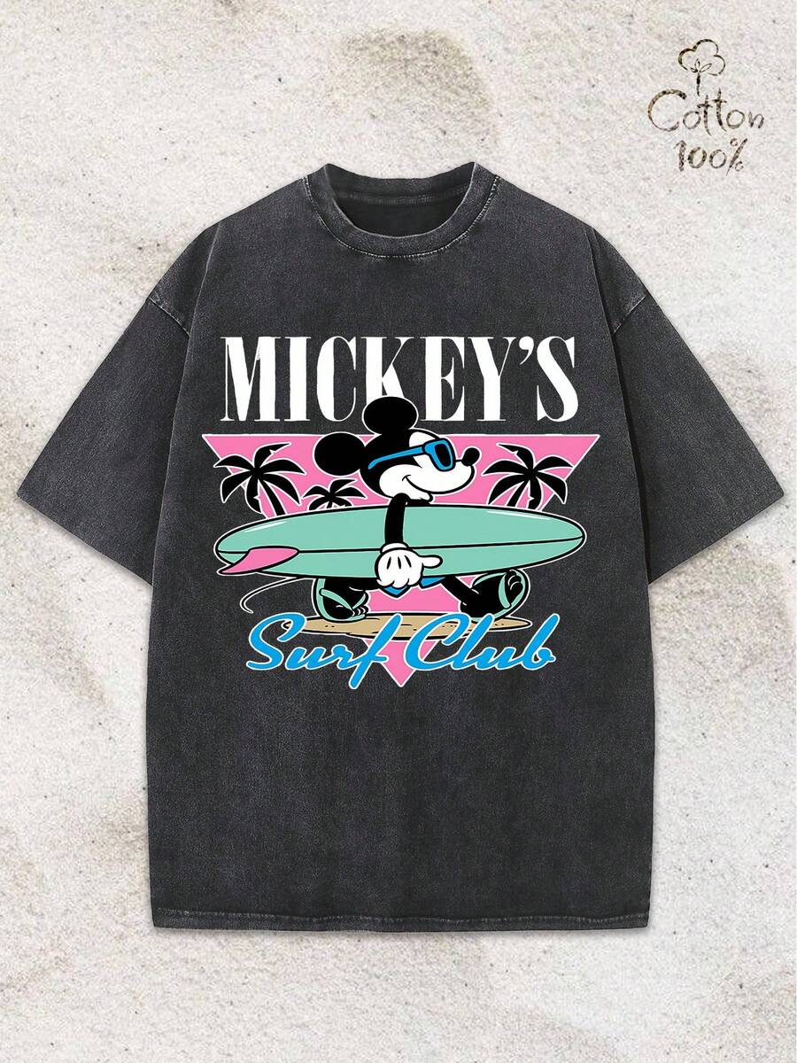 Disney Mickey Mouse Mickey's Surf Club Retro Washed Graphic Oversized T-Shirt, 90s Beach Vacation Disney Tee For Men/Women - Black - View 1