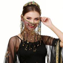 一件手工雪纺面纱，配有垂坠金属硬币和弹力发带，肚皮舞服装套装，含亮片纱丽裙，适合节日派对、夜店、海滩装饰、波西米亚复古风格 - 彩色 - 查看 3