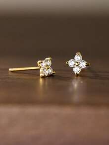 3pcs Set Minimalist Cubic Zirconia Inlaid Four-Leaf Clover Stud Earrings, Daily Wear Jewelry Gift For Women - Gold - View 3