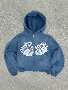 Men's Casual Washed Hand Gesture Print Hoodie Sweatshirt - Navy Blue - View 1