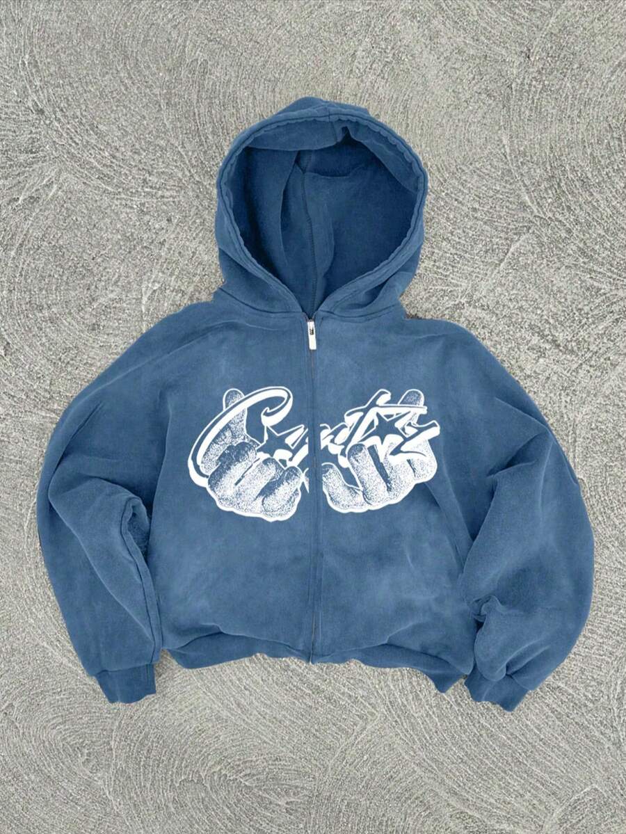 Men's Casual Washed Hand Gesture Print Hoodie Sweatshirt - Navy Blue - View 1