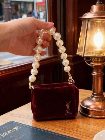 Yves Saint Laurent Bordowa aksamitna kosmetyczka, ręcznie robiona torebka na łańcuszku z pereł, modna, codzienna torebka damska, prezent świąteczny, prezent na święta