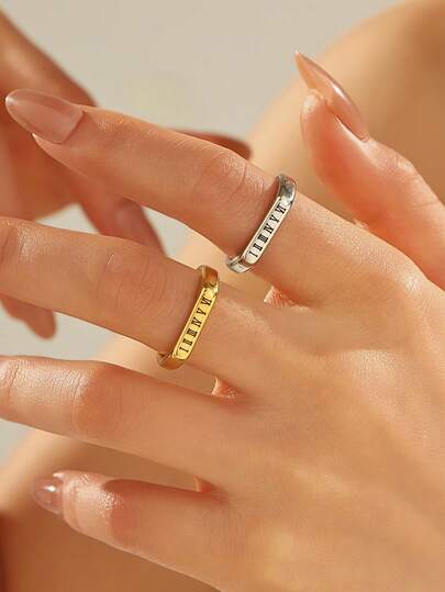 مجموعة خاتمين مستطيلين من الفولاذ المقاوم للصدأ 304 بطلاء ذهبي وفضي ناعم، مزخرف برموز رومانية، مناسب للزينة اليومية للنساء أو كهدية