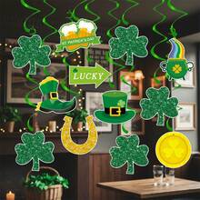 12 Pcs Irish Festival Hanging Swirl Decorations Creative Letter Shamrock Hat Pattern Ceiling Spiral Streamers For Party Home - Army Green - View 2