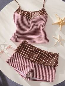 Women's Summer Beach Polka Dot & Striped Print Halter Tankini Swimwear Set Vacation - Reddish-brown - View 8