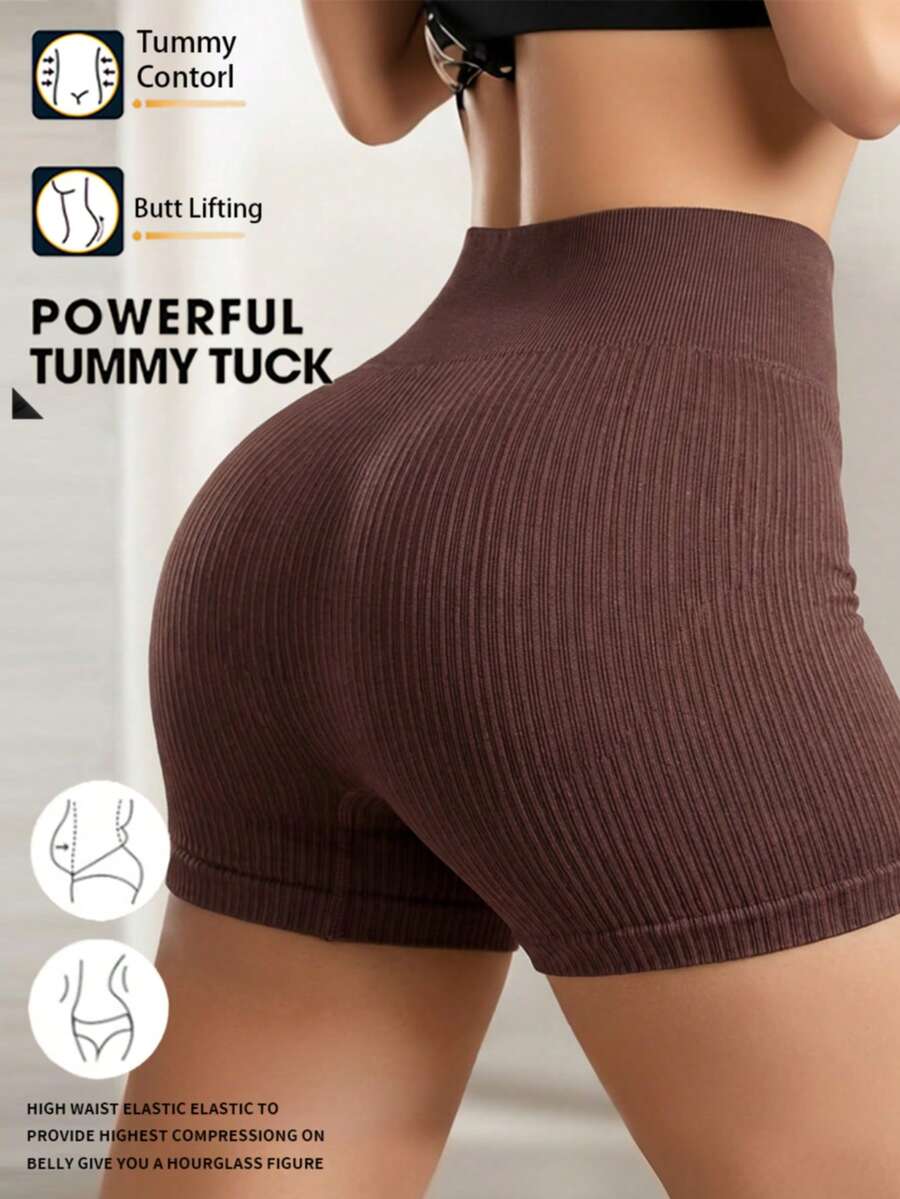 2 件女士无缝黑色和咖啡优雅舒适简约透气收腹提拉塑身瑜伽裤塑身裤 - 彩色 - 查看 1