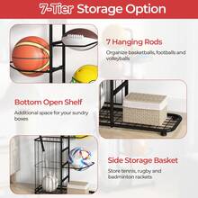 COSTWAY Garage Ball Storage Rack, 7-Tier Basketball Holder With Removable Hanging Rods, Side Ball Basket, Space-Saving Vertical Sports Equipment Organizer For Garage Basement, Black - Black - View 3
