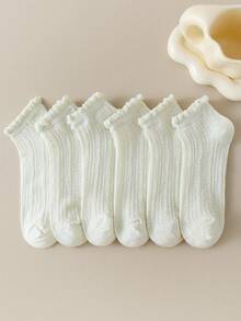 6 Pairs Women's Beige Short Socks, Cute All-Season Versatile Casual Socks, Cable Knit Socks, JK Style Small White Socks, Princess Socks, Spring/Summer - Beige - View 4