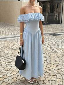 Unadoll 女士夏季性感单肩褶皱拉链设计优雅连衣裙，适合度假、约会、旅行、外出、生日、情人节等场合。 - 藍色 - 查看 3