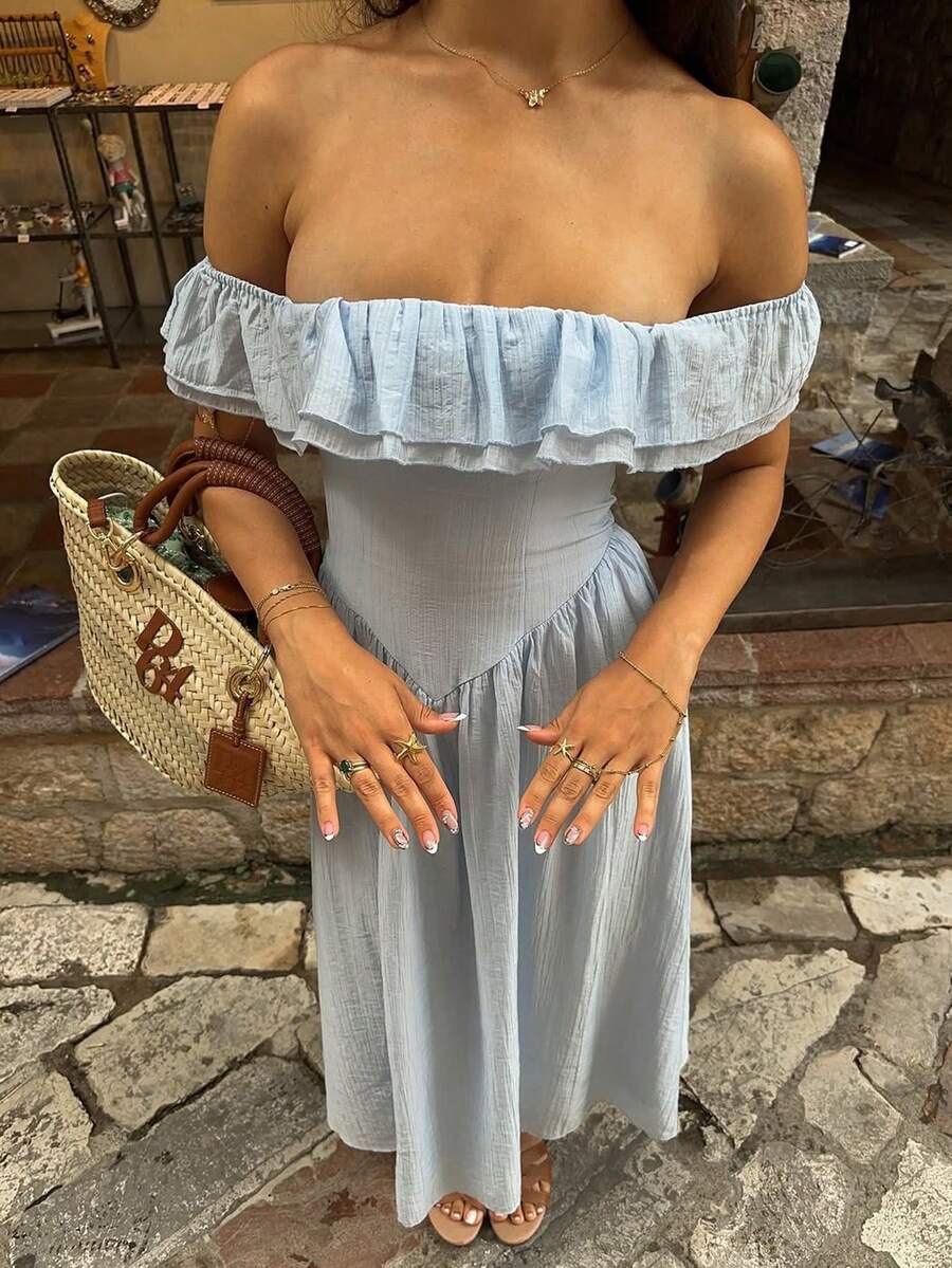 Unadoll 女士夏季性感单肩褶皱拉链设计优雅连衣裙，适合度假、约会、旅行、外出、生日、情人节等场合。 - 藍色 - 查看 1