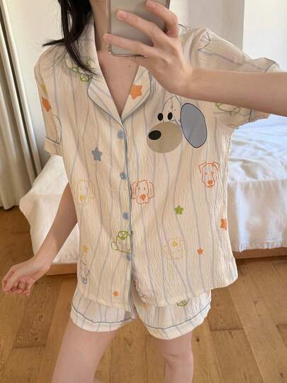 女士休闲卡通小狗条纹印花翻领短袖睡衣套装（2件套），夏季