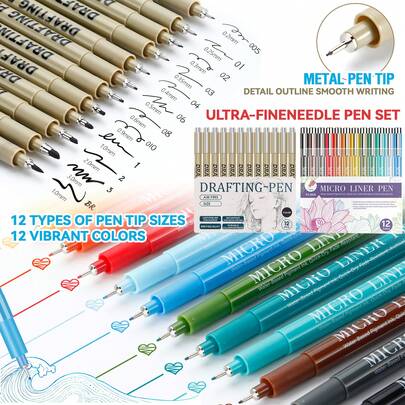 24pcs Micro-Line Pens - 6/9/12 Pcs Black Fine Liner Pens (12 Nib Styles) & 12 Vibrant Colors, Super Fine Tip Pen Set, Suitable For Detailed Drawing, Sketching And Writing - Perfect For Artists, Hobbyists, Student Gifts, Back To School & Teacher Rewards