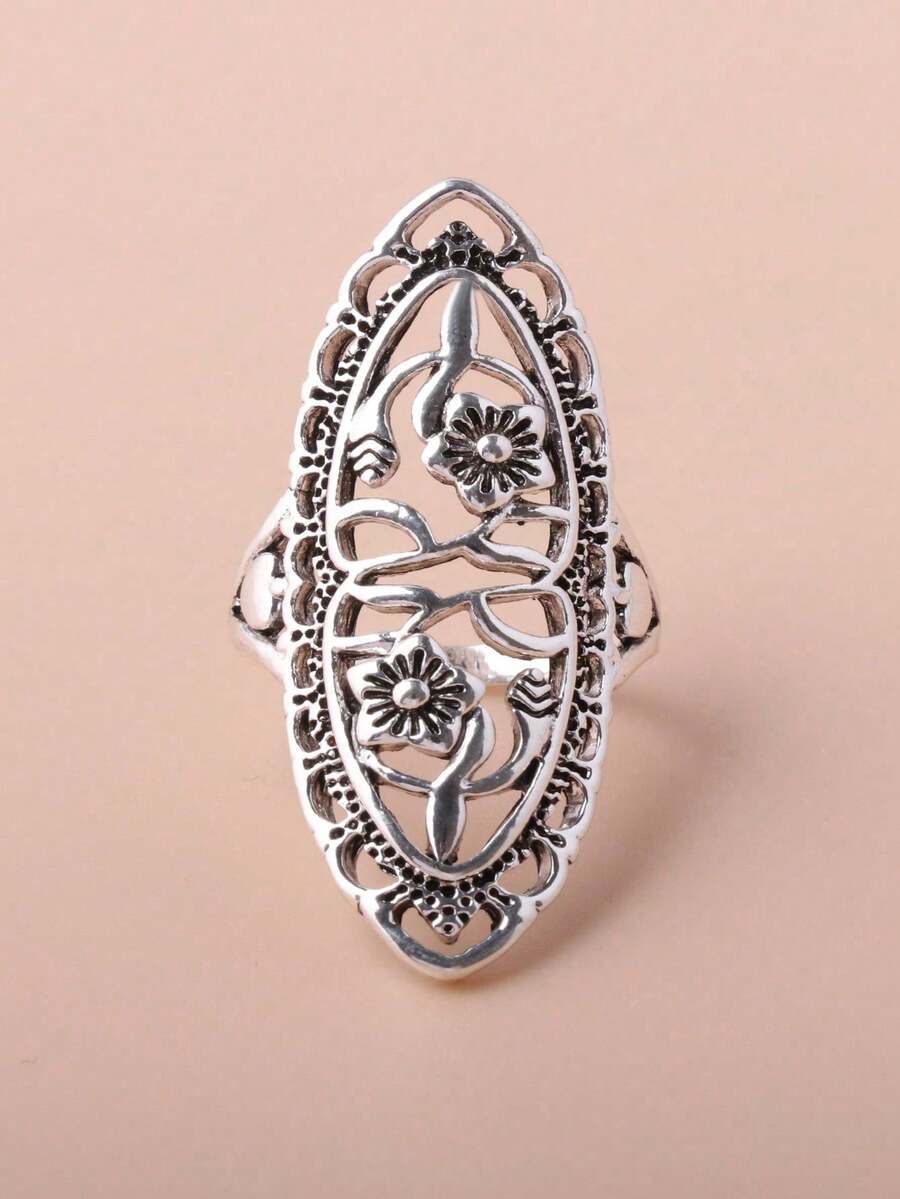 1pc Hollow Flower Design Long Ring, Antique Silver Plated Alloy, Multi-Color Options - View 1