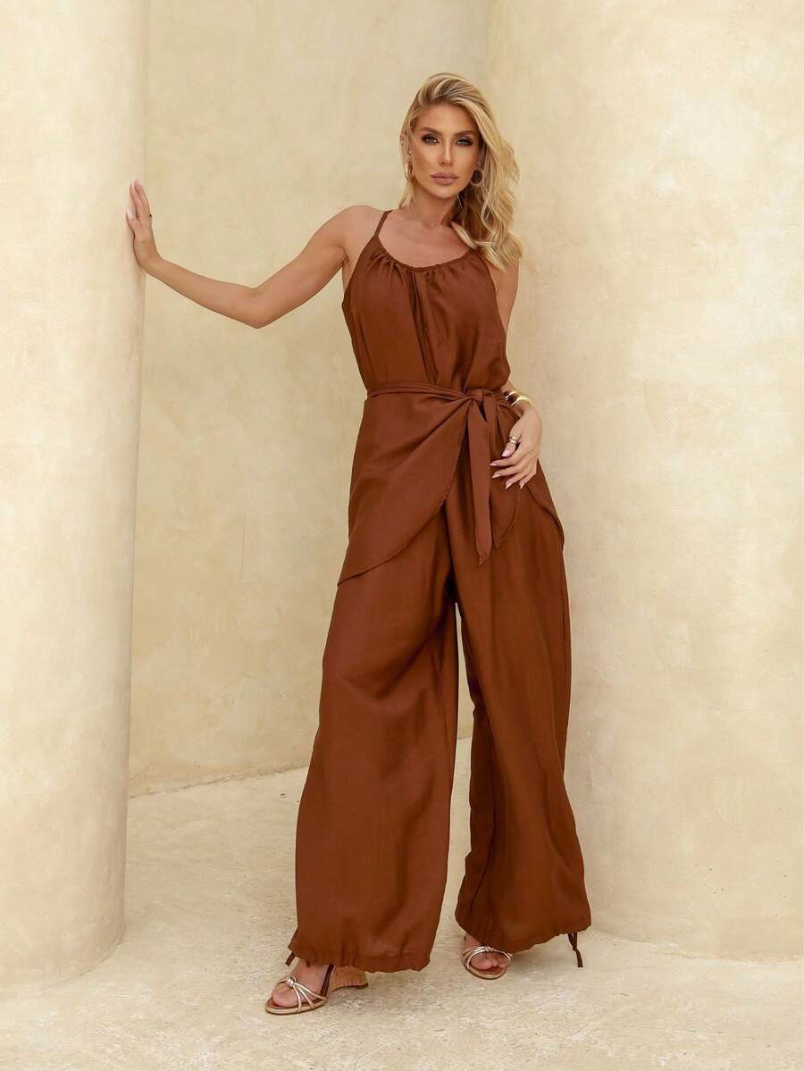 Women's Loose-Fitting Jumpsuit, Wide-Leg  Style, Jogger Style With Thin Straps And A Bow Tie - Comfortable And Elegant - 鏽棕色 - 查看 1