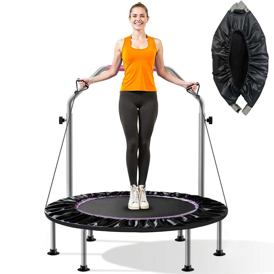 40" Foldable Mini Trampoline, With Durable Bungee Band And Adjustable Foam Handle For Home Gym,Indoor Trampoline For Kids, Adults Indoor/Garden Workout, Fitness Rebounder With Adjusta - 黑色 - 查看 1