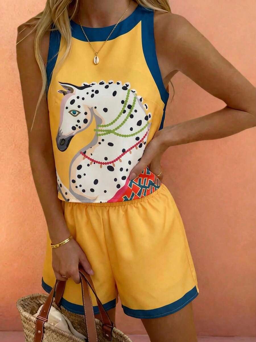 Standard Größe Gelb Basis Pferd Muster Trägershirt & Shorts 2-teiliges Set, Frühling/Sommer - Gelb - Übersicht 1