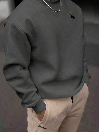 Men's Casual Everyday Commute Minimalist Horseback Riding Print Crew Neck Sweatshirt, Suitable For Spring And Autumn