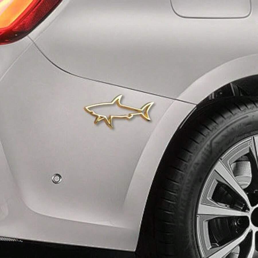 3D Metal Hollow Shark Car Emblem Cool Fish Car Badge Decal Automotive Fenders Bumper Sticker Vehicle Body Trunk Decorative Decal Accessory For Truck SUV Motorcycle Laptop Gold - 金色 - 查看 1