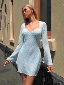 Women's Sweetheart Neckline Mini Dress With Sheer Long Sleeves And Fitted Silhouette For Day Date, Vacation Getaway, Weekend Brunch, Casual Going Out, Beach Vacation And Romantic Evening, Plain Spring Summer Outfits - Blue - View 5