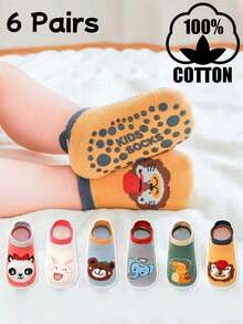 6双棉质防滑点状防滑地板袜，可爱卡通婴儿/儿童船袜 - 彩色 - 查看 6